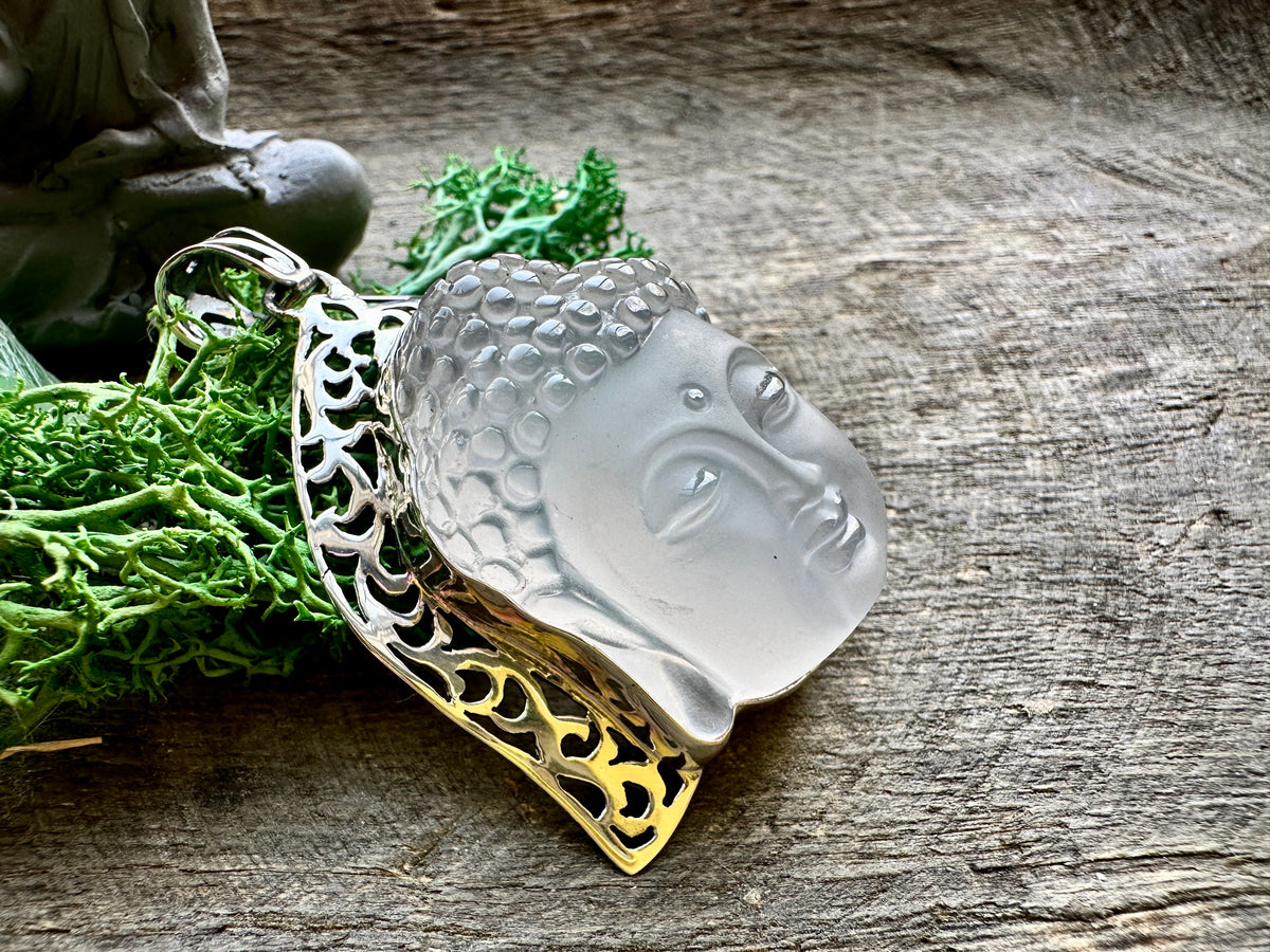 Zen Frosted Crystal Buddha Head 925 Silver Pendant