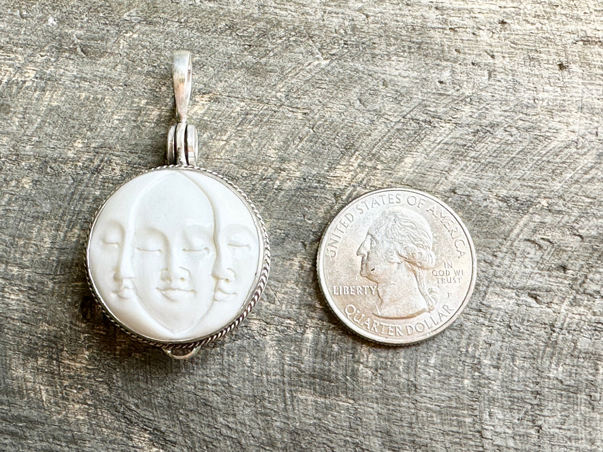 Hand Carved Sacred Triple Goddess Locket Pendant: Maiden, Mother and Crone | Genuine 925 Silver