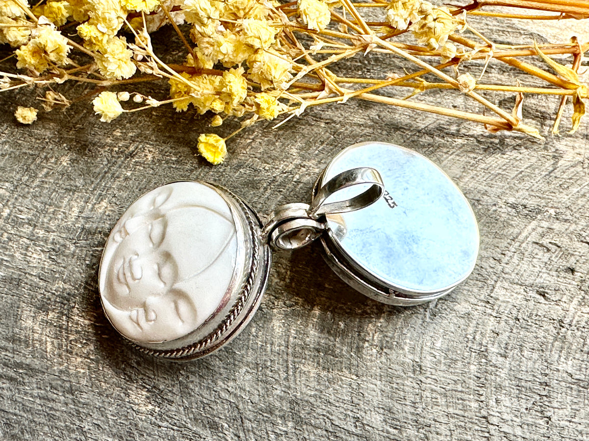 Hand Carved Sacred Triple Goddess Locket Pendant: Maiden, Mother and Crone | Genuine 925 Silver