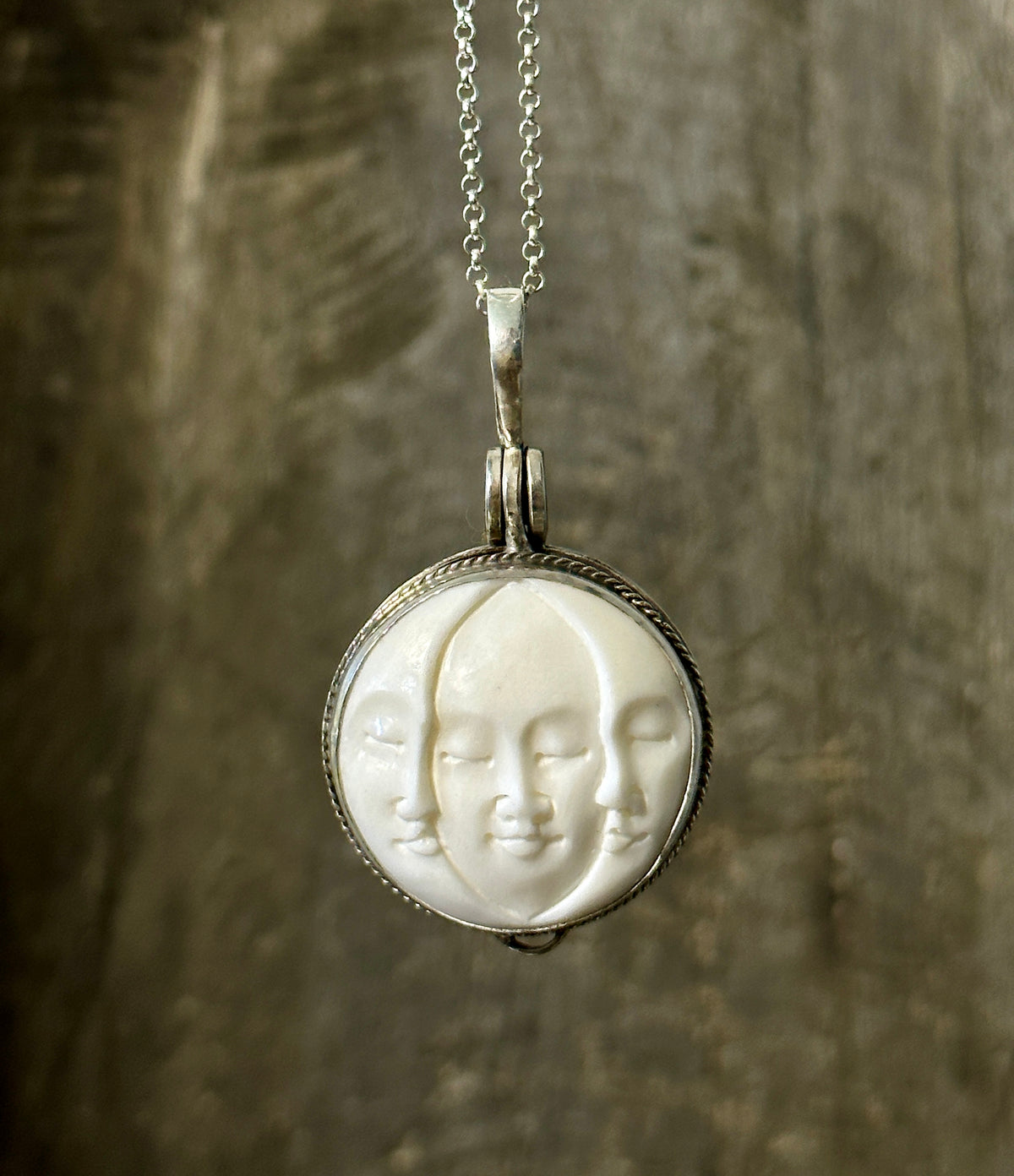 Hand Carved Sacred Triple Goddess Locket Pendant: Maiden, Mother and Crone | Genuine 925 Silver