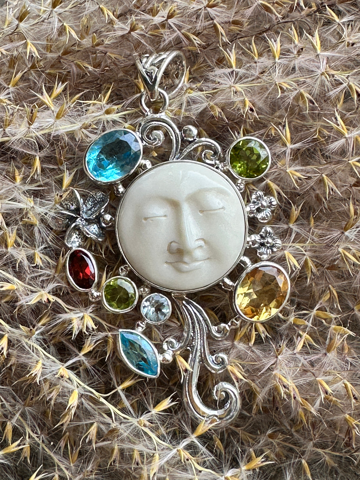 Hand Carved Moon Face Goddess With Garnet Citrine Peridot and Blue Topaz 925 Silver Handmade Pendant - Crystal Healing Pendant