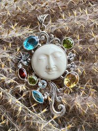 Hand Carved Moon Face Goddess With Garnet Citrine Peridot and Blue Topaz 925 Silver Handmade Pendant - Crystal Healing Pendant