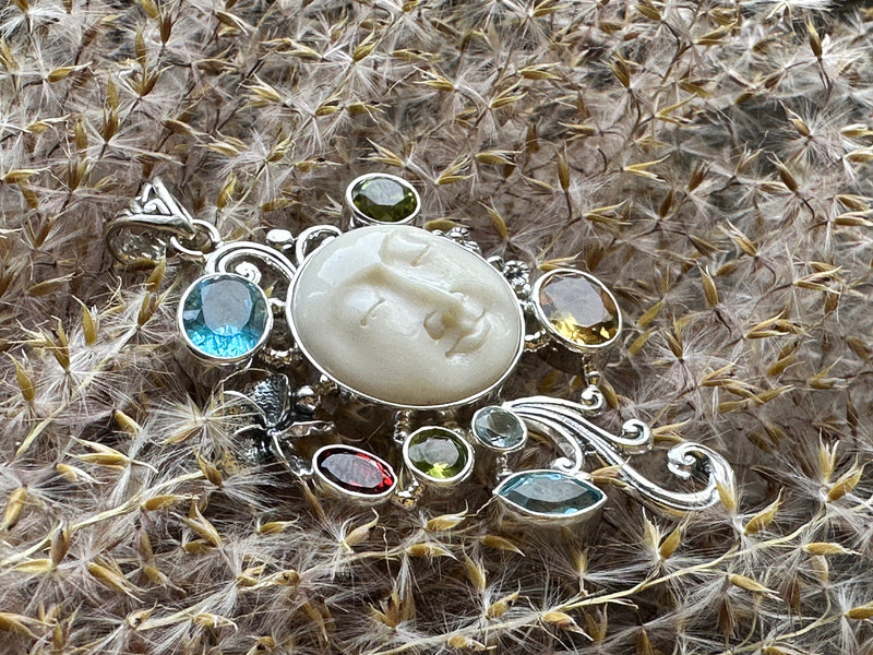 Hand Carved Moon Face Goddess With Garnet Citrine Peridot and Blue Topaz 925 Silver Handmade Pendant - Crystal Healing Pendant