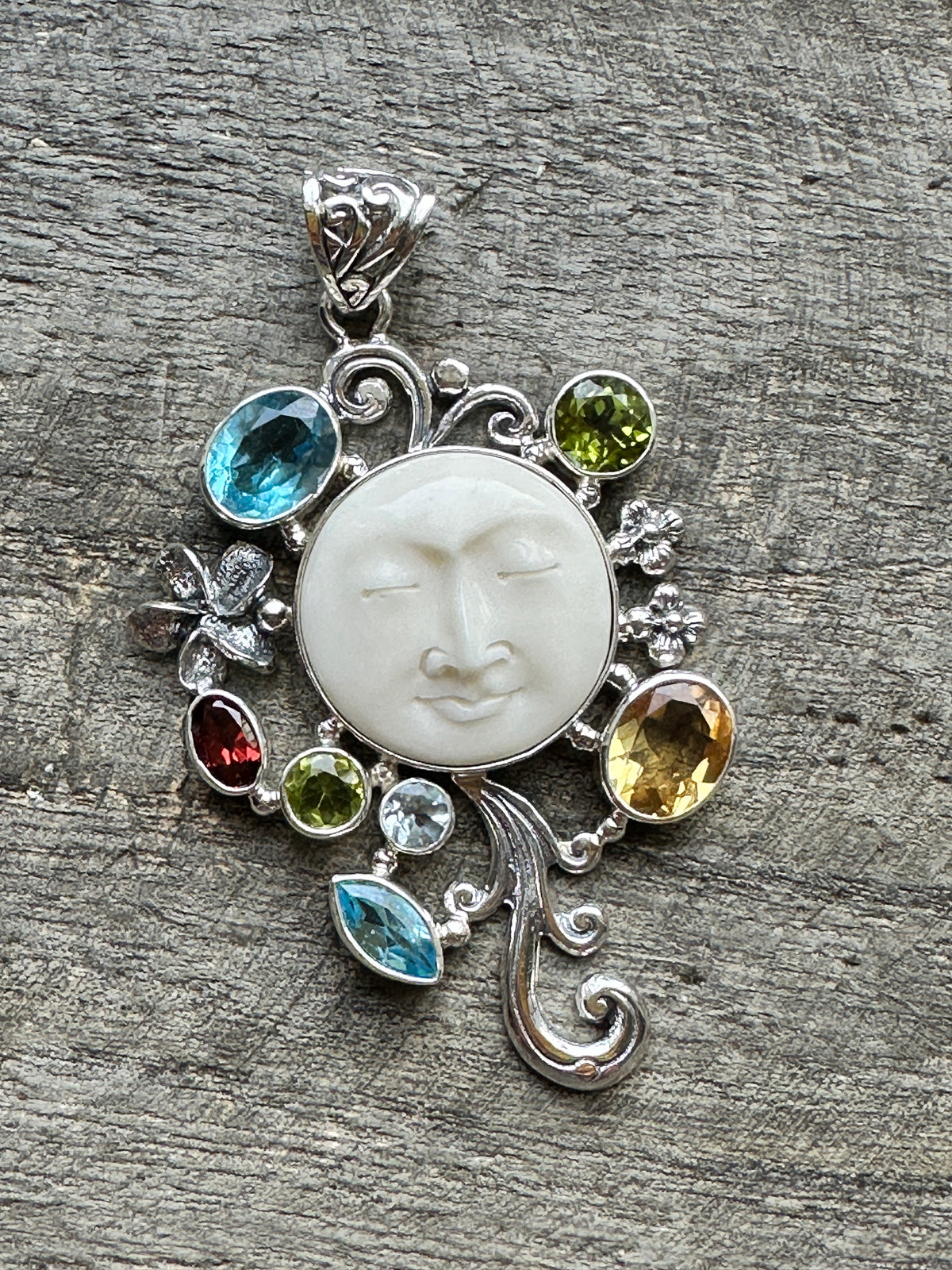 Hand Carved Moon Face Goddess With Garnet Citrine Peridot and Blue Topaz 925 Silver Handmade Pendant - Crystal Healing Pendant