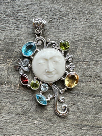 Hand Carved Moon Face Goddess With Garnet Citrine Peridot and Blue Topaz 925 Silver Handmade Pendant - Crystal Healing Pendant