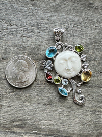 Hand Carved Moon Face Goddess With Garnet Citrine Peridot and Blue Topaz 925 Silver Handmade Pendant - Crystal Healing Pendant