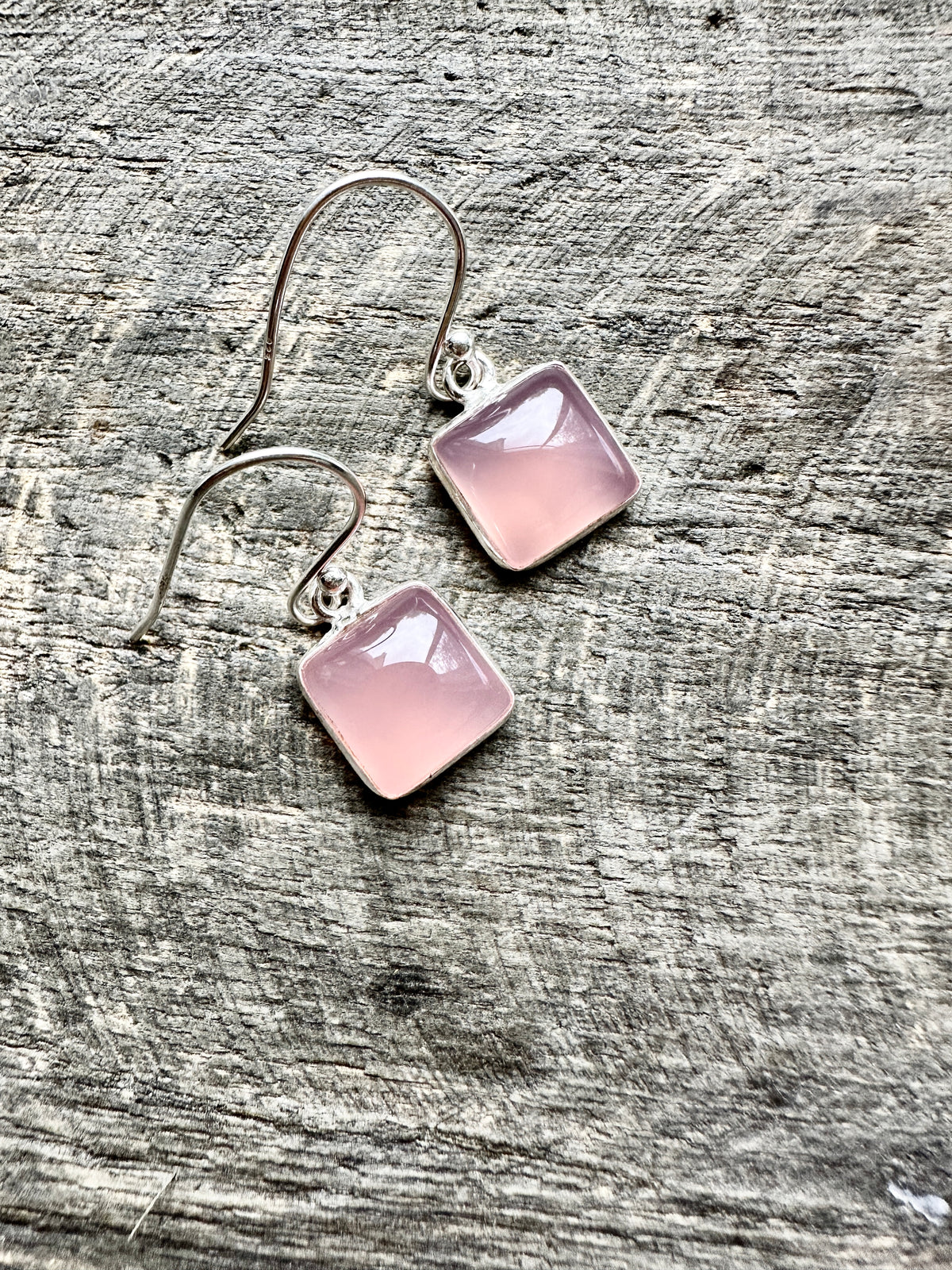 Sacred Harmony: Handmade 925 Silver Square Rose Quartz Earrings for Love and Balance