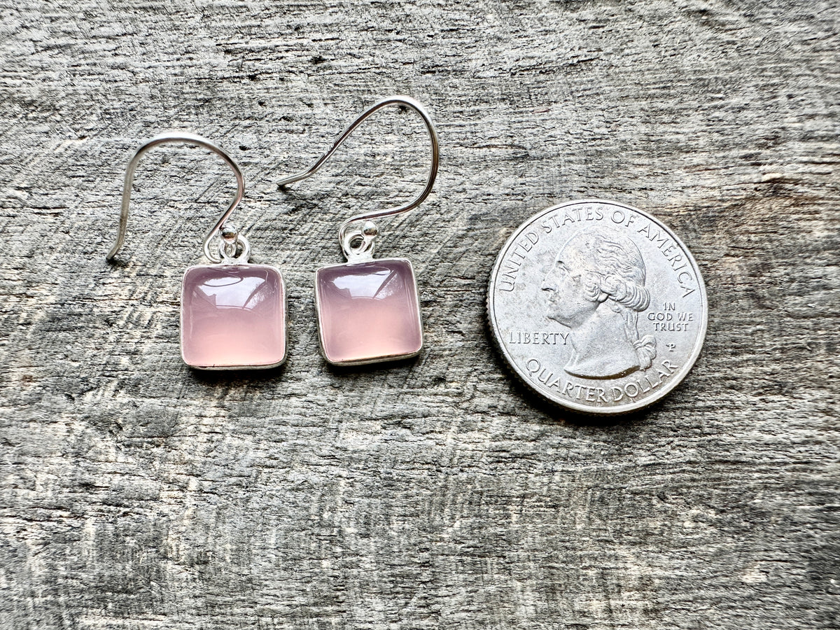 Sacred Harmony: Handmade 925 Silver Square Rose Quartz Earrings for Love and Balance