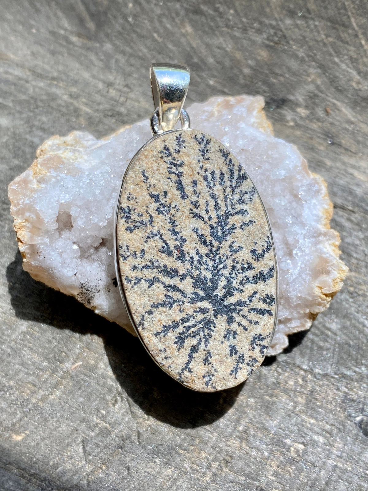 Oval Psilomelane Dendrite 925 Silver Handmade Pendant - Crystal Healing, Meditation