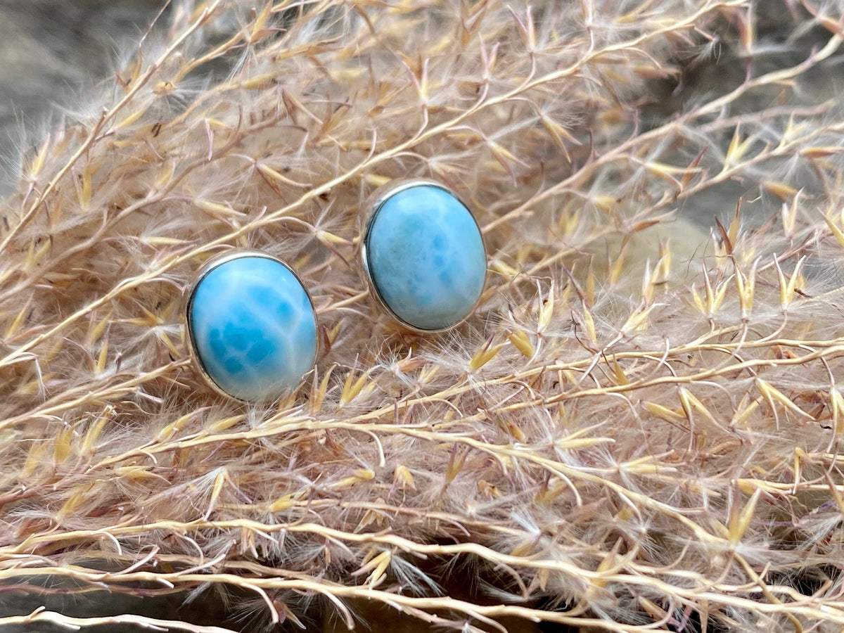 Larimar 925 Sterling Silver Handmade Stud Earrings  Jewelry - Crystal Healing Meditation