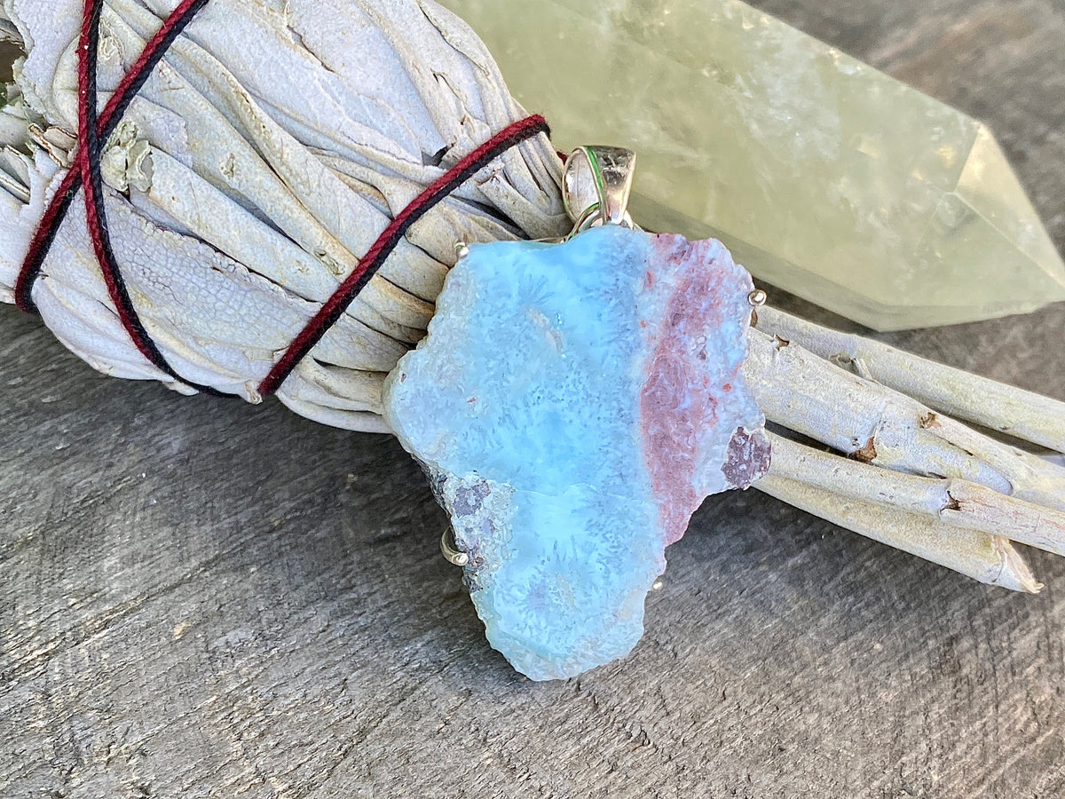 Larimar Slice 925 Silver Handmade Pendant - Crystal Healing Meditation