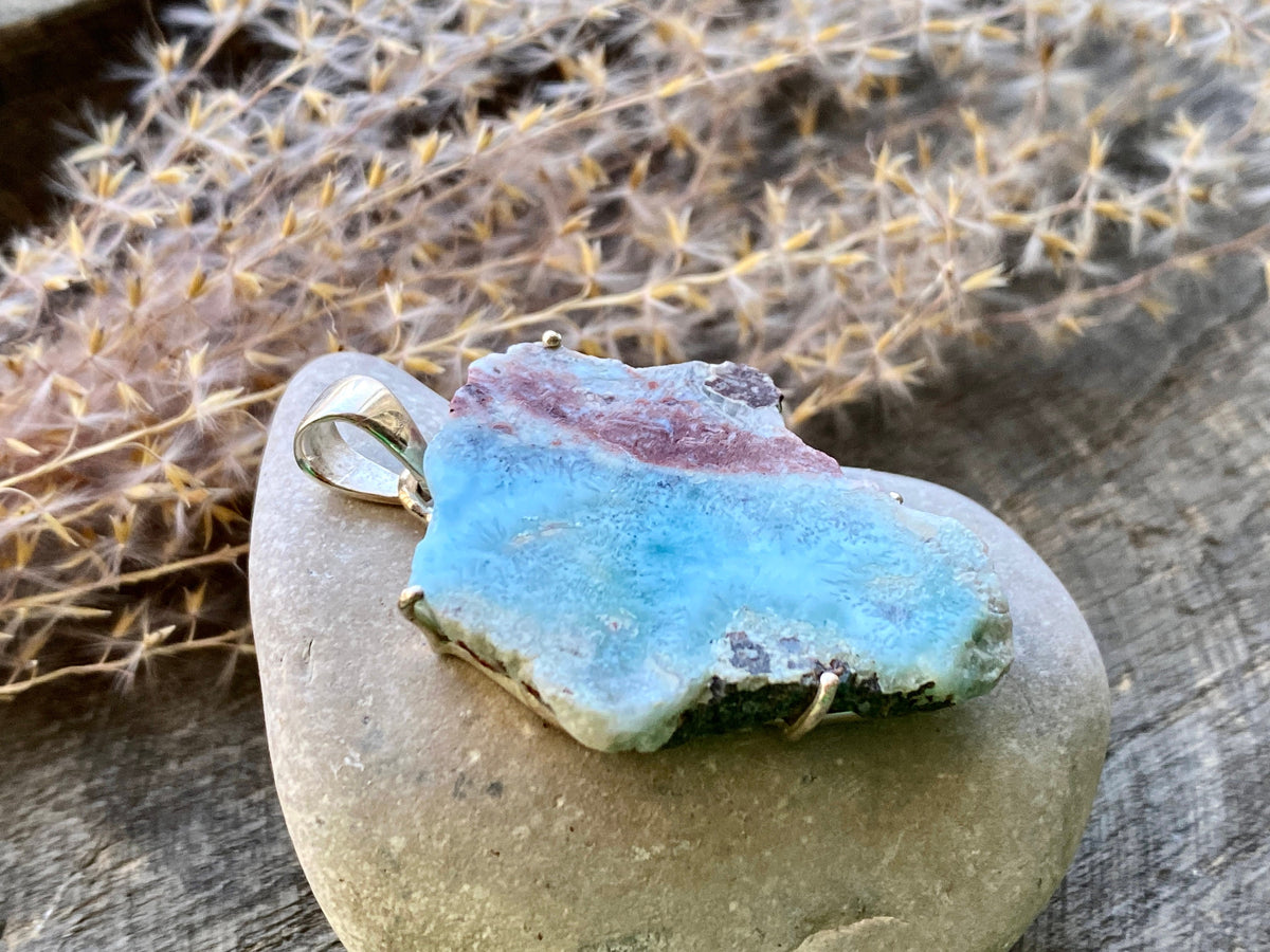 Larimar Slice 925 Silver Handmade Pendant - Crystal Healing Meditation