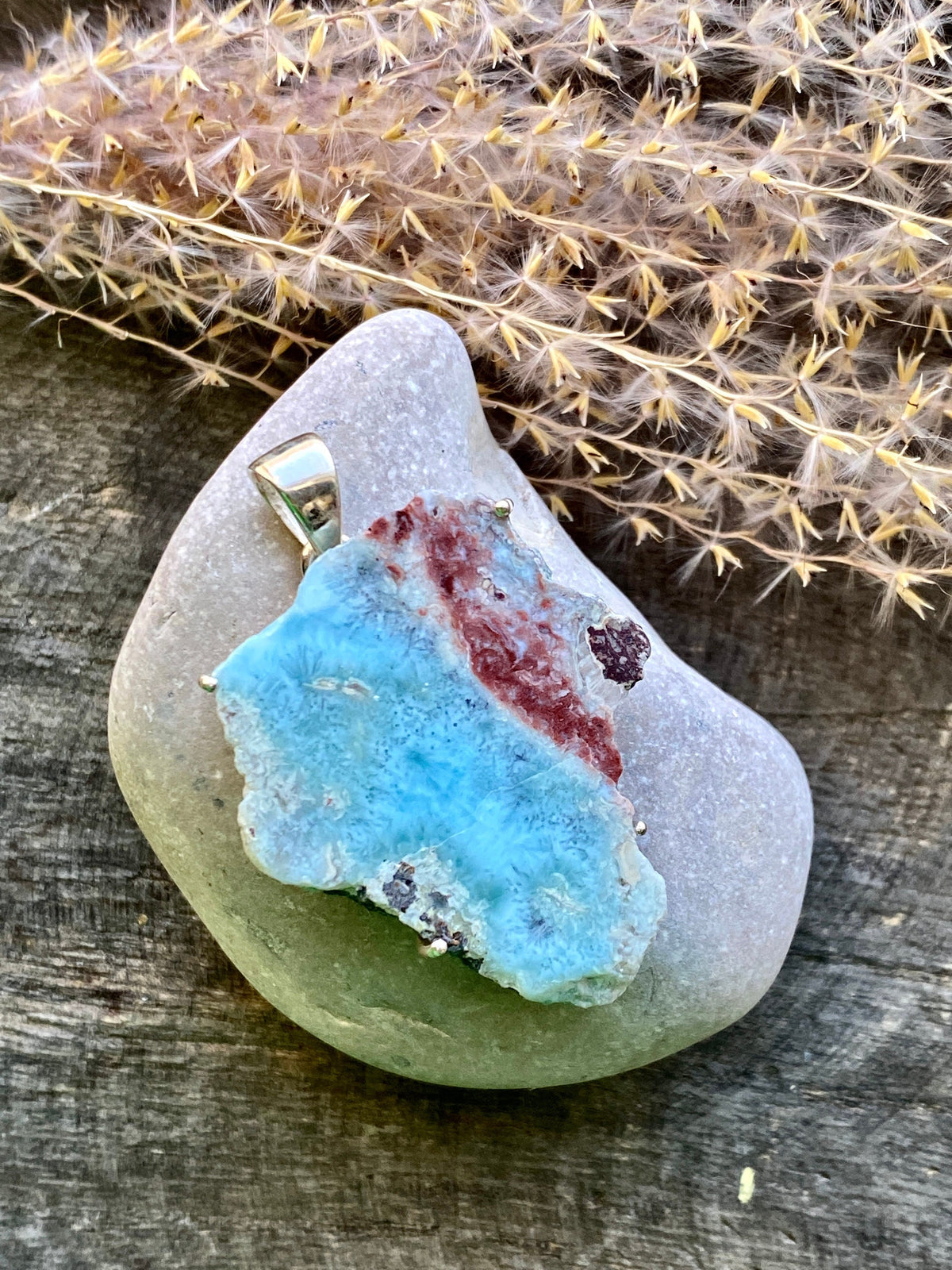 Larimar Slice 925 Silver Handmade Pendant - Crystal Healing Meditation