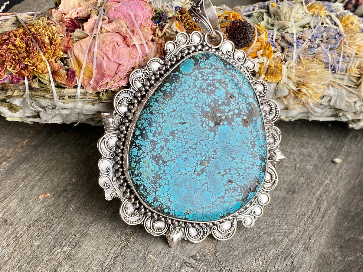 Natural Tibetan Turquoise 925 Silver Handmade Pendant - Crystal Healing Meditation