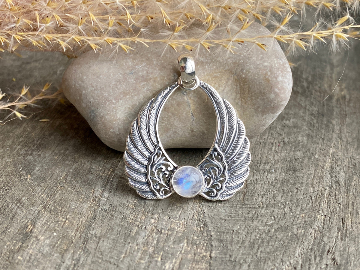 Moonstone 925 Silver Handmade Angel Wings Pendant - Crystal Healing Meditation