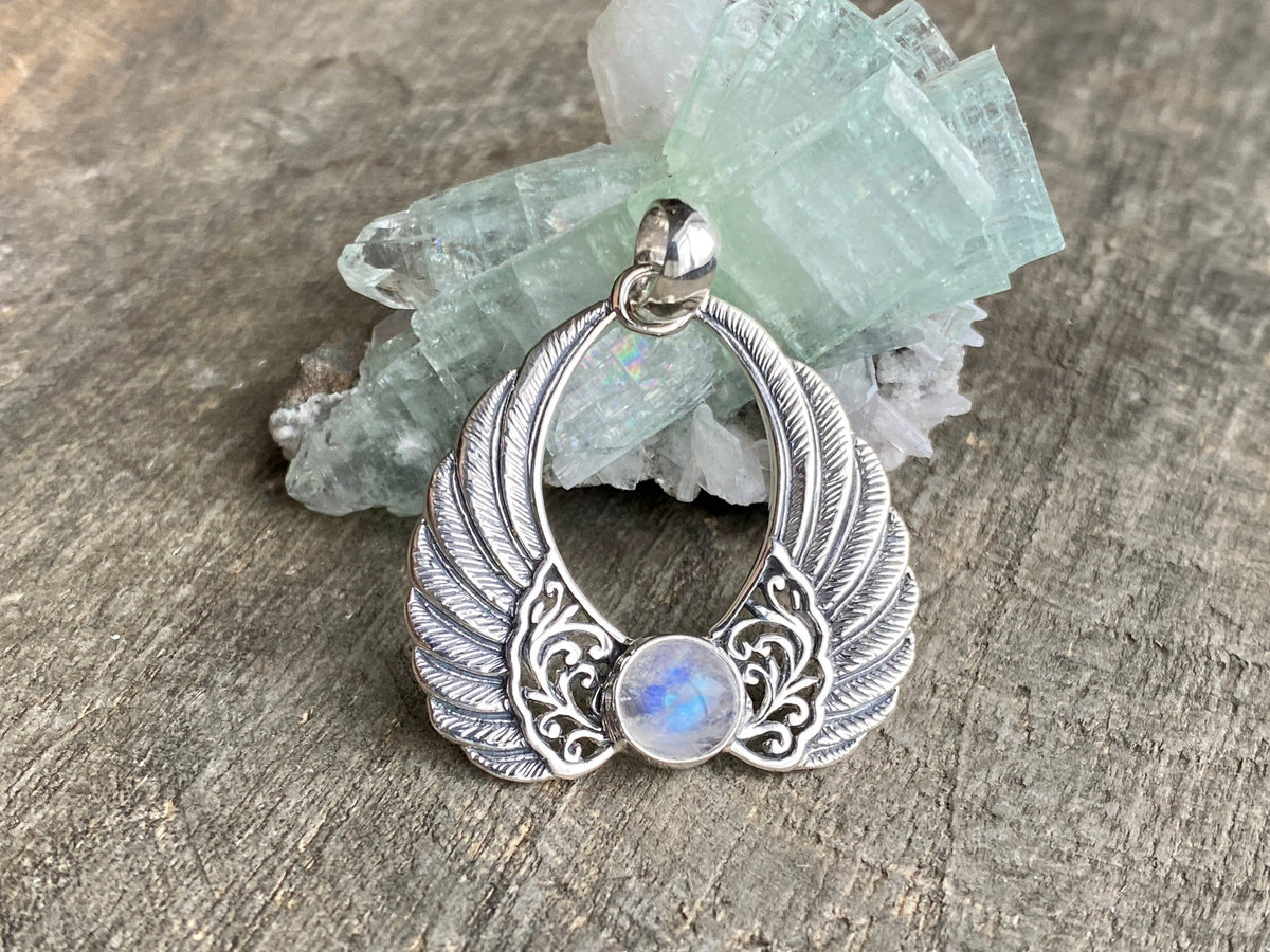 Moonstone 925 Silver Handmade Angel Wings Pendant - Crystal Healing Meditation