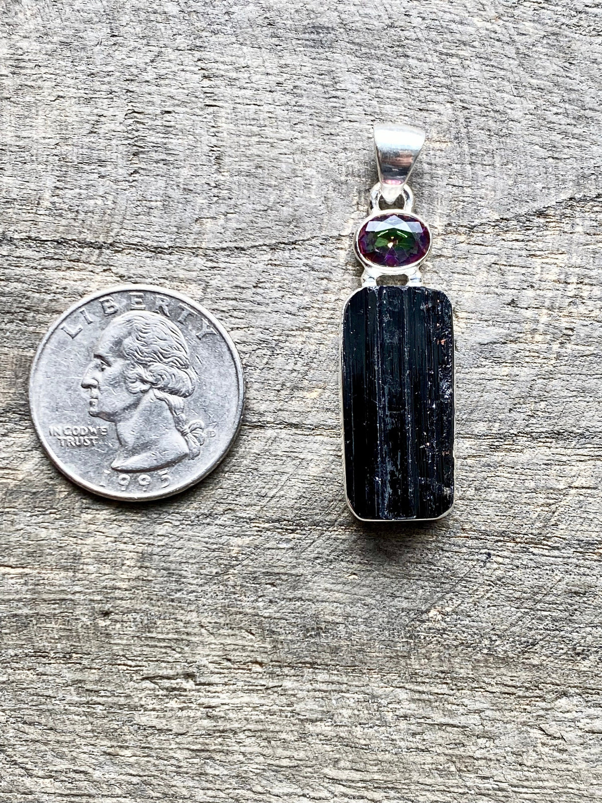 Protection Black Tourmaline and Rainbow Quartz 925 Silver Handmade Pendant - Crystal Healing Meditation