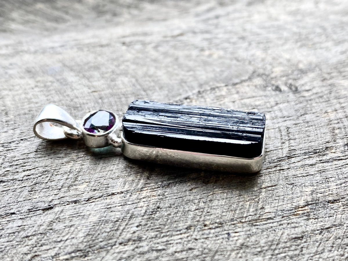 Protection Black Tourmaline and Rainbow Quartz 925 Silver Handmade Pendant - Crystal Healing Meditation