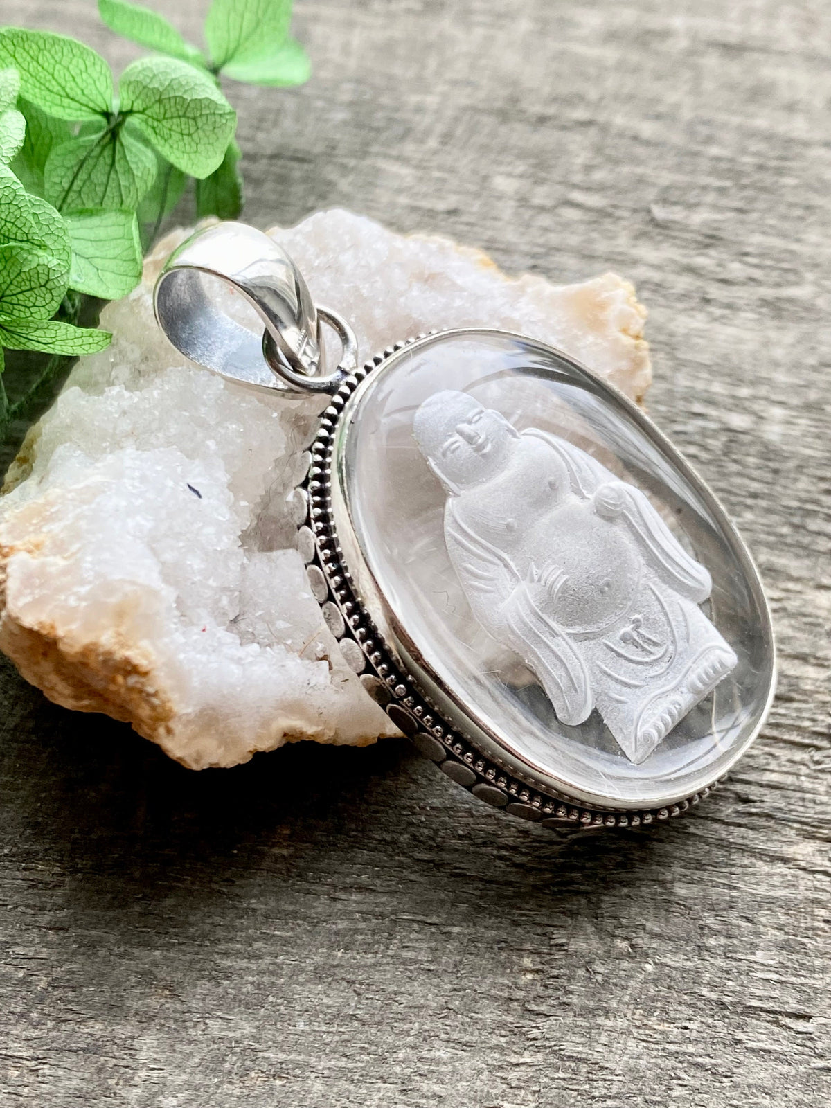 Etched Buddha in Crystal 925 Silver Handmade Pendant - Healing Meditation