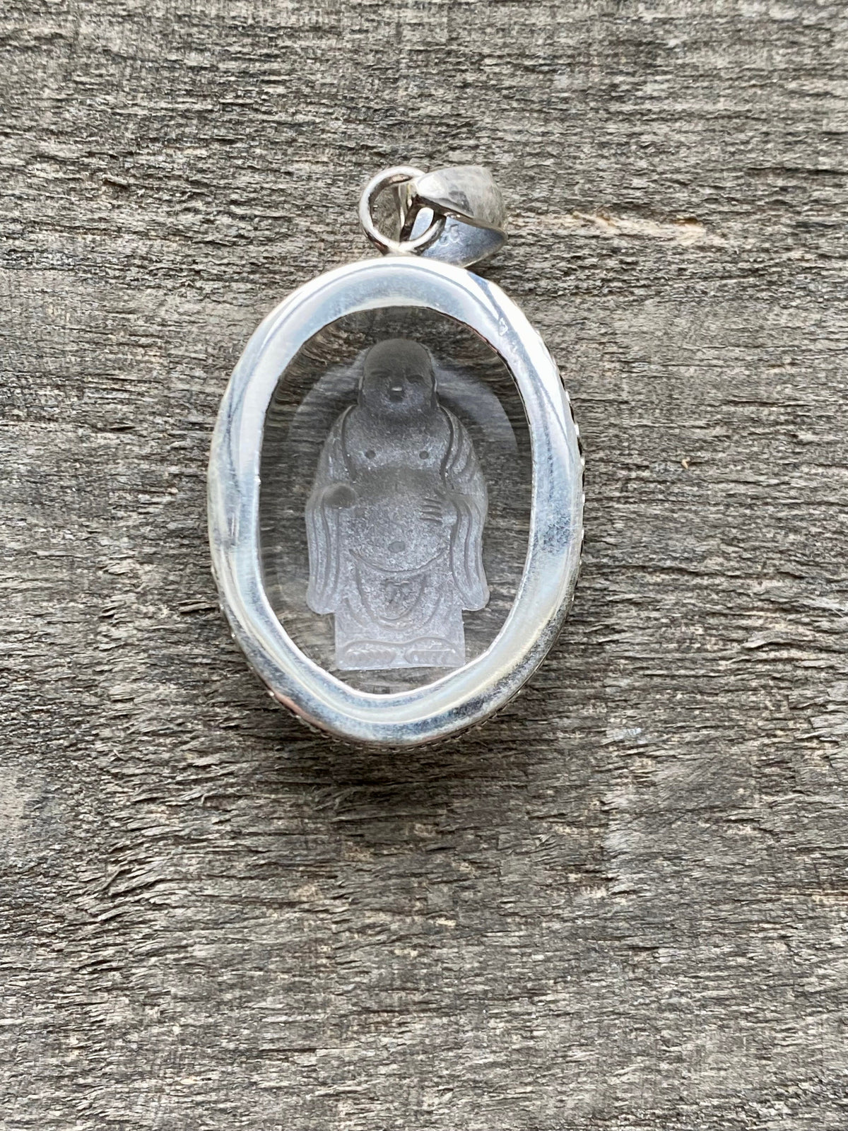 Etched Buddha in Crystal 925 Silver Handmade Pendant - Healing Meditation