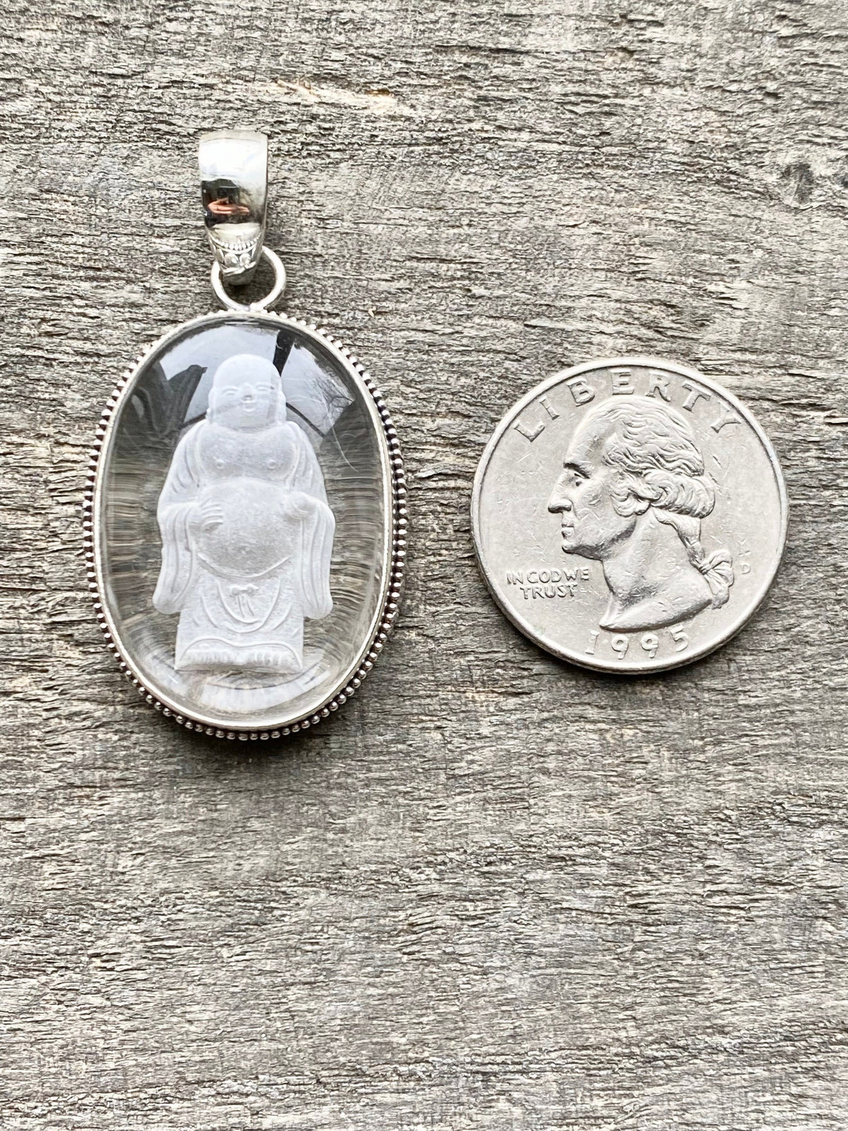 Etched Buddha in Crystal 925 Silver Handmade Pendant - Healing Meditation