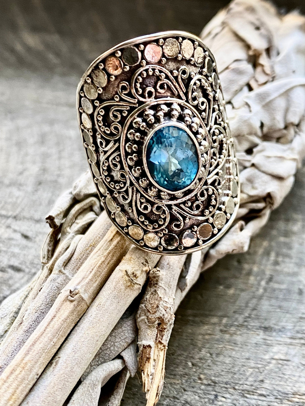 Stunning Faceted Blue Topaz Filigree 925 Silver Handmade Ring - Crystal Healing Meditation