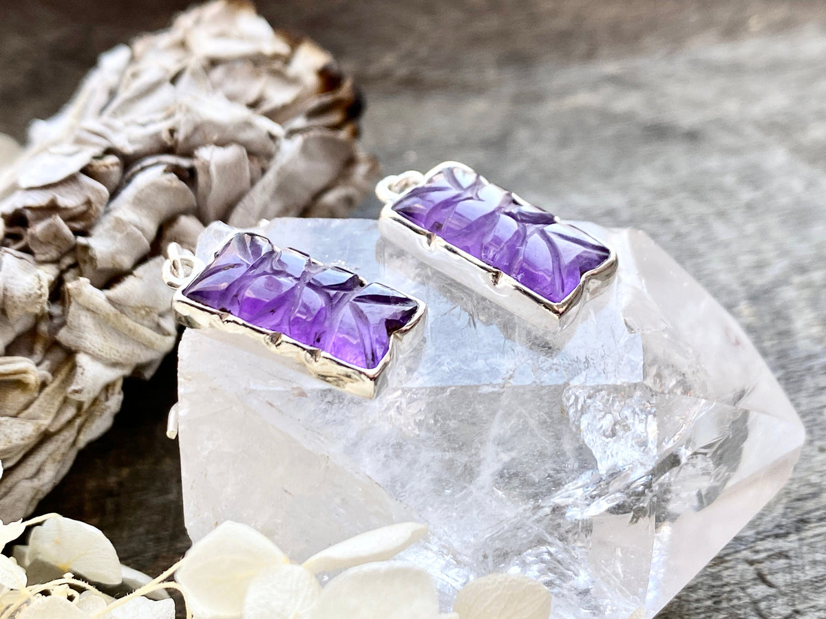 Carved Amethyst 925 Silver Handmade Earrings- Crystal Healing Meditation