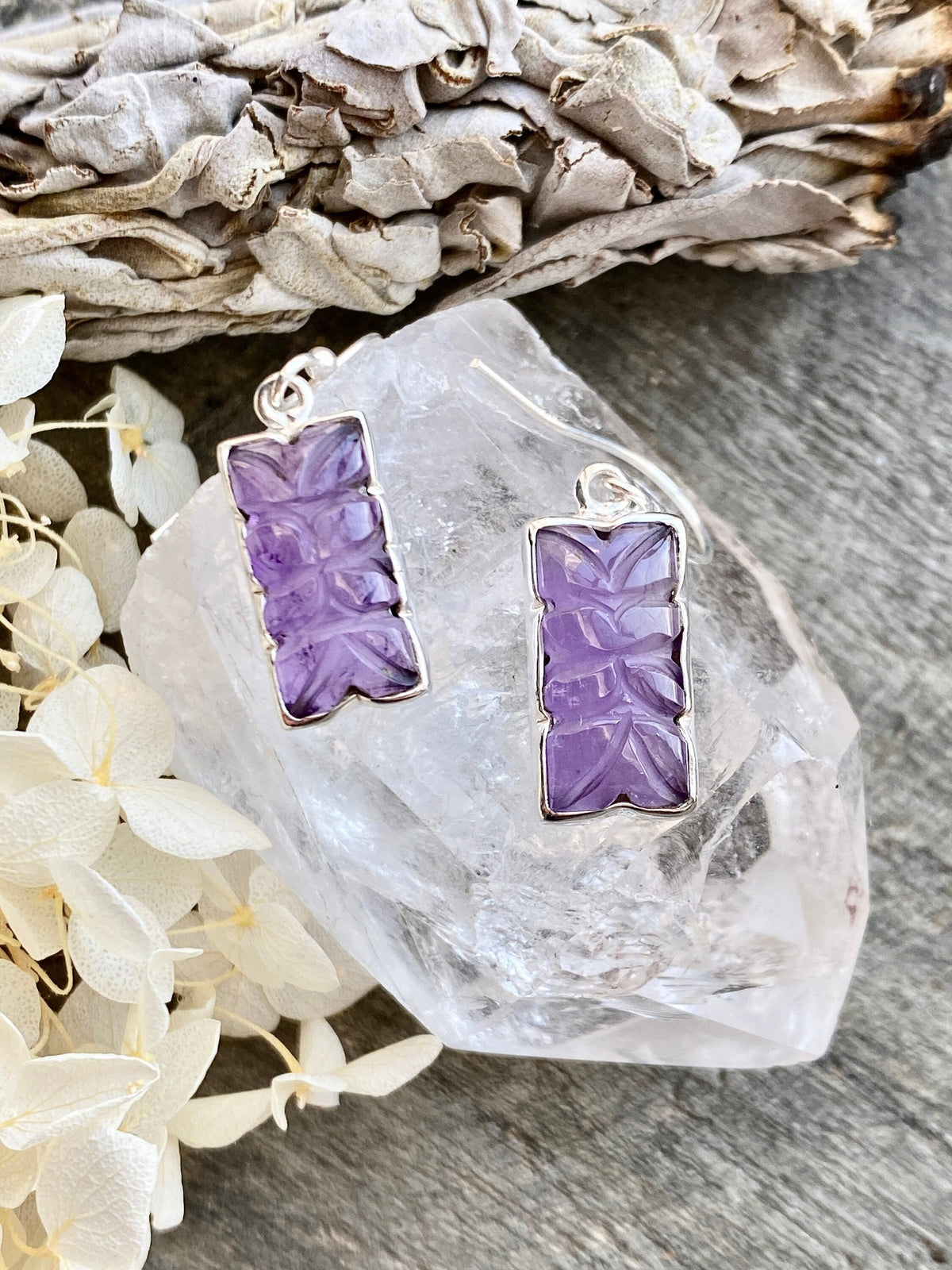 Carved Amethyst 925 Silver Handmade Earrings- Crystal Healing Meditation