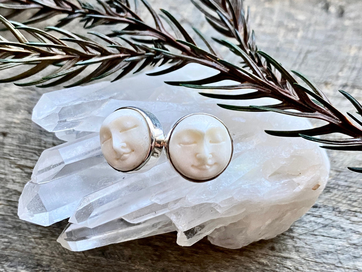 Hand Carved Goddess Moon Face 925 Silver Studs (Bovine Bone) - Crystal Healing Meditation