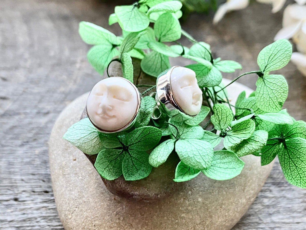 Hand Carved Goddess Moon Face 925 Silver Studs (Bovine Bone) - Crystal Healing Meditation